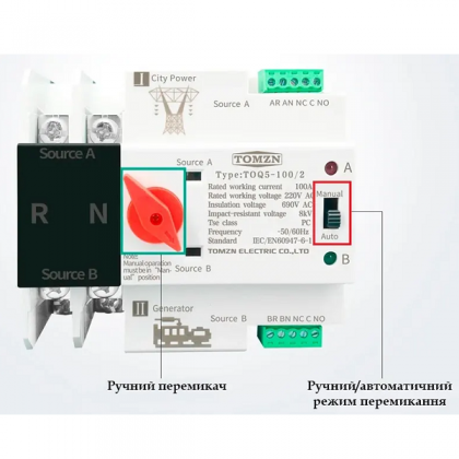 Автомат введення резерву TOMZN TOQ5-2/100A однофазний змінного струму